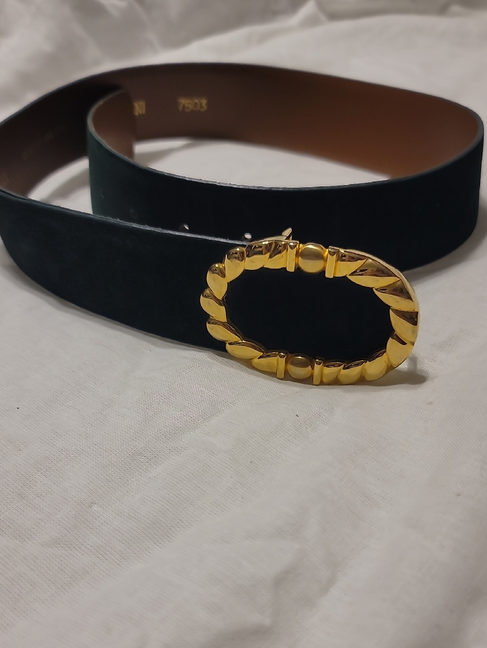 CIPRIANI Dark Green Suede Belt with Gold Oval Sculpted Buckle